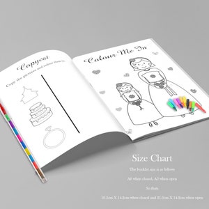 May include: An open coloring book with the text "Copycat" and "Colour Me In". The pages feature line drawings of a cake, ring, and two figures in dresses. A multi-colored pen rests on the left side. The size chart is also visible.
