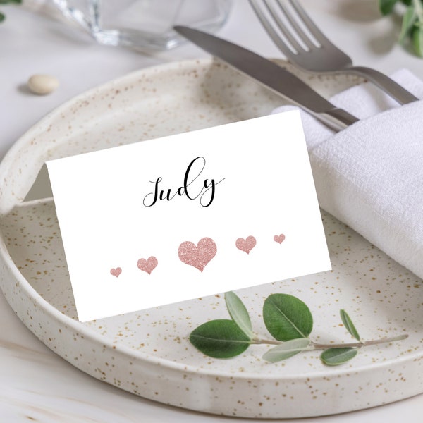 PERSONALISED Place Cards Wedding Name Meal Table Setting Pink Sparkly Heart Effect PC17