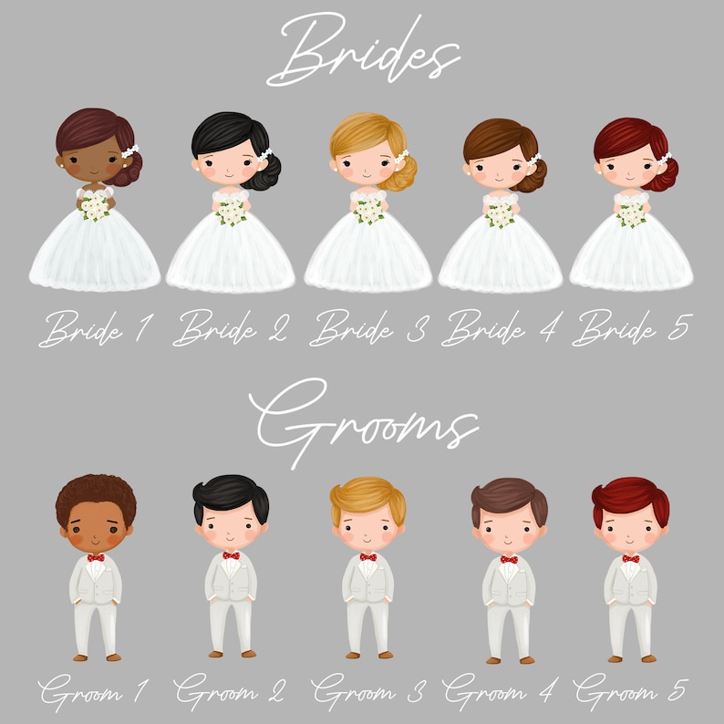 May include: Illustration of five brides and five grooms. The brides are in white wedding dresses, each holding a bouquet. The grooms are in light gray suits with bow ties. Text at the top says "Brides" and at the bottom "Grooms".