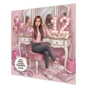 May include: A pink illustration featuring a girl taking a selfie at a dressing table. The image includes balloons, gifts, and a lit-up number "12". Text reads "Happy Birthday to a Special Granddaughter Isabella."