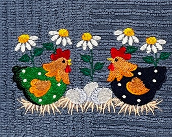 Chickens Chatting Over Eggs Embroidered Kitchen Towel Kitchen Gift