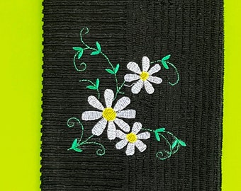 Embroidered White Daisies Design on a Black Towel