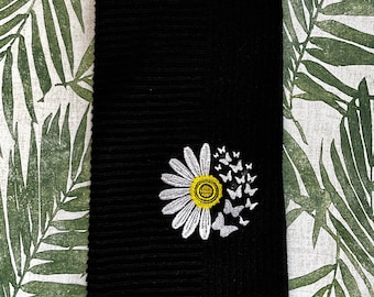 Embroidered Black Cotton Towel: Daisy & Butterfly Design