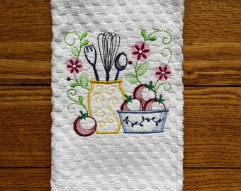 Embroidered Kitchen Towel, Apples Utensil Crock, Cream Cotton Kitchen Decor (18x29)