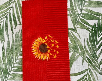 Embroidered Sunflower Kitchen Towel: Orange Red Cotton, Country Decor