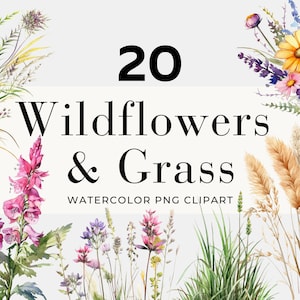 Clipart de flores silvestres e grama em aquarela, download instantâneo, flores silvestres, clipart de grama, clipart floral