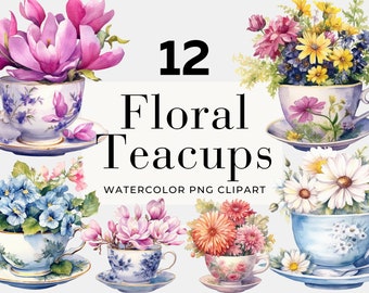 Clipart de xícara de chá floral em aquarela: Chá da tarde PNG (download instantâneo)