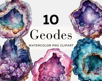 May include: Ten watercolor geode illustrations in various colors, including purple, pink, blue, and gold. The geode illustrations are on a white background. 10 Geodes Watercolor PNG Clipart.