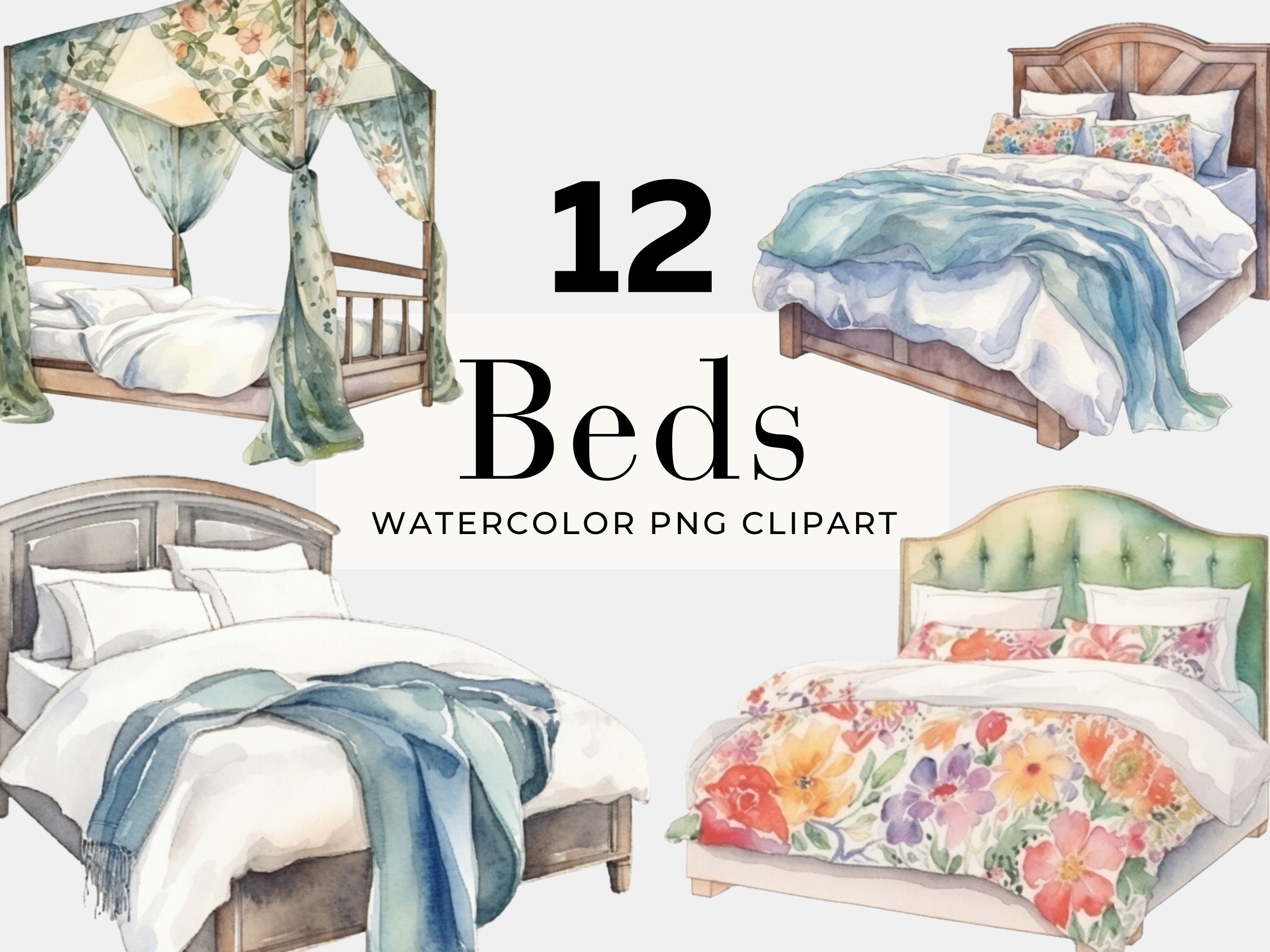 Watercolor Bed Clipart, Commercial Use, Bedroom Clipart, Watercolor PNG