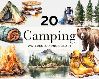 Watercolor Camping Clipart, Commercial Use, Happy Camper PNG, Camping Printable, Instant Download