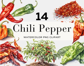 Peut inclure: Illustrations à l'aquarelle de 14 types différents de piments, y compris des piments rouges, verts et oranges, ainsi que des flocons de piment séchés. Les illustrations sont parfaites pour ajouter une touche de piquant à vos créations.