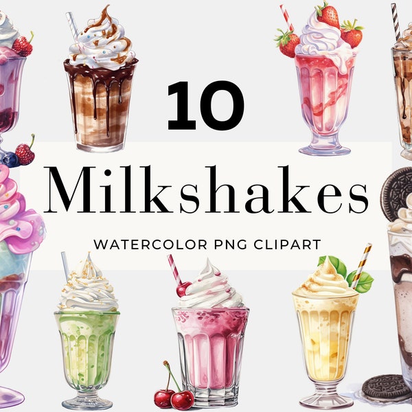 Watercolor Milkshake Clipart, Instant Download, Dessert Clipart, Sublimation Bundle