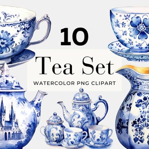 Aquarell Delft Tee Set Clipart, Instant Download, Tea Party Clipart, Teetasse png