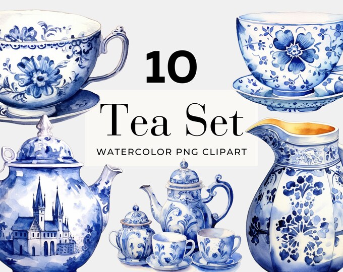 Vintage Blue Teacup Clipart PNG Bundle Tea Party Clipart Floral Teacups ...
