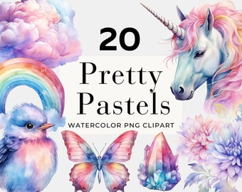 Op de afbeelding: 20 mooie pastelkleurige aquarel PNG clipart met een regenboog, een eenhoorn, een vogel, een vlinder, een kristal en bloemen in pastelkleuren.