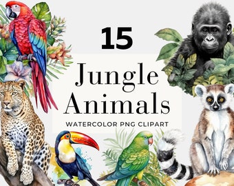 Watercolor Jungle Animal Clipart, Instant Download, Tropical Clipart, Tropical Bird Clipart, Watercolor Animals