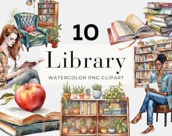 Akvarellbibliotek Clipart: Läshörna PNG-bilder (Kommersiellt bruk)