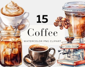May include: Watercolor illustrations of 15 different coffee drinks, including iced coffee, cappuccino, espresso, and coffee beans. The illustrations are in a realistic style and are perfect for use in digital or printed projects.
