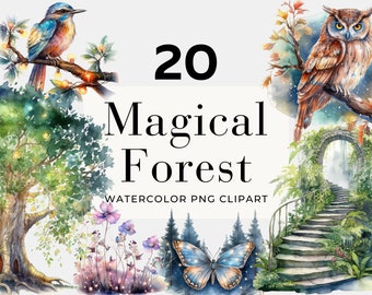 May include: A set of 20 watercolor illustrations featuring magical forest elements, including a bluebird, an owl, a stone archway, a tree, and a butterfly. The illustrations are perfect for creating whimsical designs for invitations, cards, and other projects.