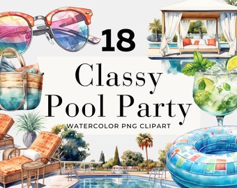 Watercolor Pool Party Clipart, Instant Download, Pool Clipart, Summer Clipart