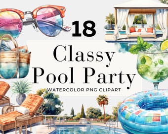 Watercolor Pool Party Clipart: Summer PNG Images (Digital Download)
