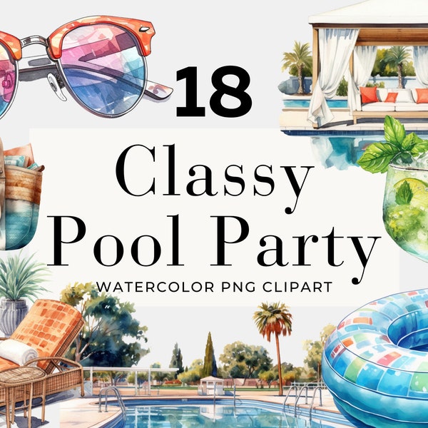 Imágenes prediseñadas de fiesta en la piscina de acuarela, descarga instantánea, imágenes prediseñadas de piscina, imágenes prediseñadas de verano