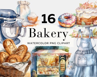 May include: Watercolor illustrations of bakery items, including a stand mixer, bread, a donut, a cake, a bakery storefront, and a baker's apron. The text "16 Bakery Watercolor PNG Clipart" is also included in the image.