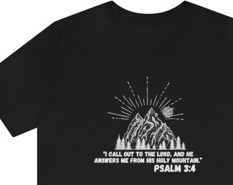 May include: Black t-shirt with a white mountain graphic and the text "I call out to the Lord, and he answers me from his holy mountain." Psalm 3:4