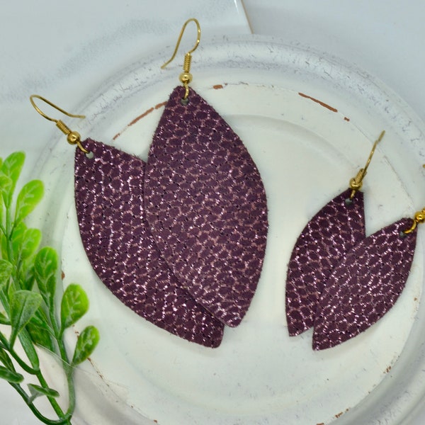 Burgundy leather earrings, shimmer leather earrings, leaf earrings, leaf leather earrings, maroon leather earrings