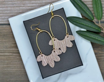 Scalloped edge leather earrings, champagne leather earring, spring earrings, pink earring, leather dangle earrings, shimmer leather earrings