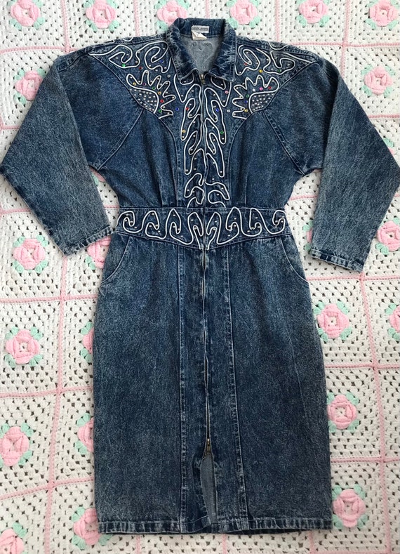 1980s bejeweled western style acid wash denim dres