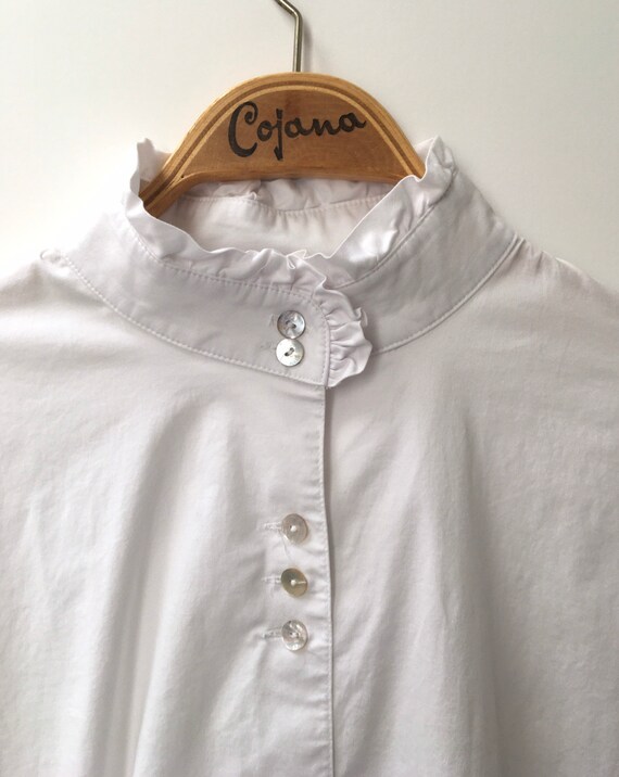Vintage white cotton blouse with high ruffled neck