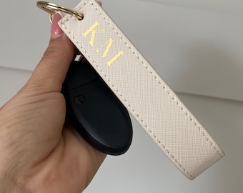 Personalised wristlet keyring, initials keychain, car key loop, luxury faux leather bag charm monogram, house key strap