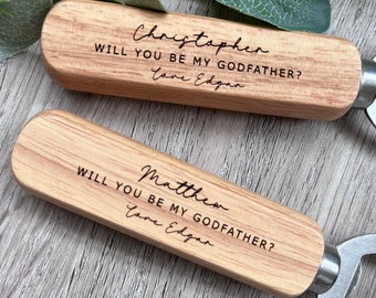 Personalised Godfather Gift Wooden Engraved Beer Bottle Opener, Godfather Thank you, Will you be my Godfather? Men’s Christening Keepsake