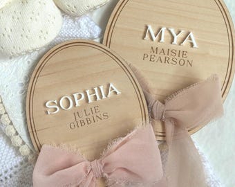 Personalised Baby Name Plaque with Acrylic Letters : Hello World Wooden Name Sign with Bow