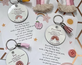 Personalised Kids School Bag Tag, First day of School, Nursery, A Hug for Luck Bag Charm and Card, Rainbow Positive Affirmation Quotes