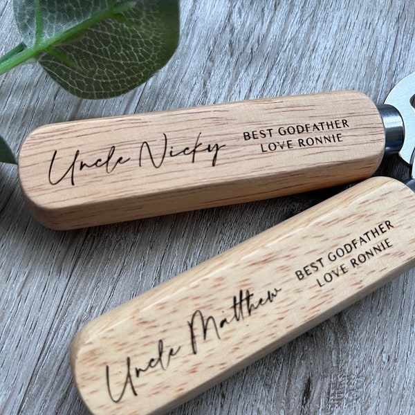Personalised Godfather Gift: Engraved Wooden Bottle Opener Keepsake
