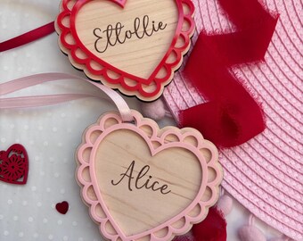 Personalised Valentines Wood Heart Tag: Scallop Edge Gift Basket Decor