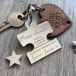 Personalised Puzzle Piece Teacher Keyring, Engraved Acrylic Leaving Gift