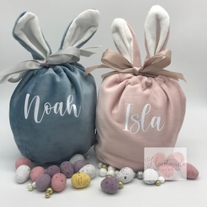 Personalised Velvet Easter Bunny Treat Bag: Pink or Blue Gift Pouch