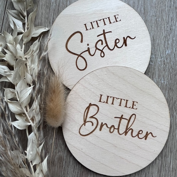 Little Brother, Little Sister double Sided  Wooden Baby Disc,  Birth Gender Announcement Prop, Laser Engraved Birch Baby Photo Prop,Keepsake