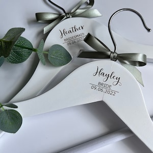 Personalised Wedding Coat Hanger engraved with names, Bride Bridesmaid Bridal Party Gift adult or children's wood hanger any colour ribbon