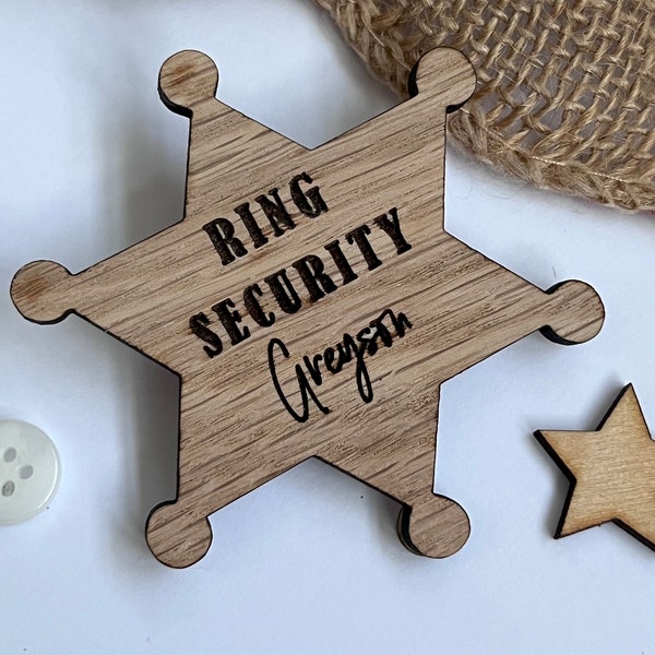 Personalised Ring Security Wedding Badge, Boys Wedding Gift Idea, Wooden Sherif style wedding badge, Page Boy Ring Bearer Gift