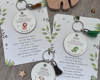 Personalised Kids School Bag Tag, First day of School, Nursery, A Hug for Luck Bag Charm and Card, Positive Affirmation Quotes