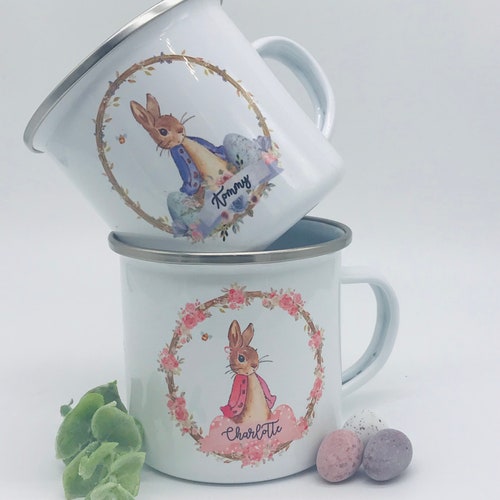 Personalised Easter Bunny Mug & Treat Bag Gift Set, Blue or Pink Rabbit Kids Enamel Gift Mug Easter Hamper Idea