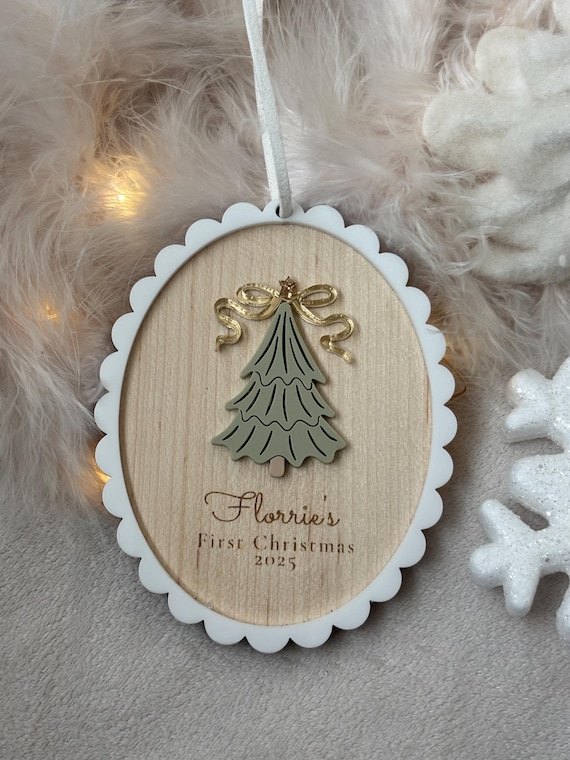 My First Christmas Personalised Bauble: Christmas Tree or Holly Wreath 1st Christmas Scallop Frame Ornament