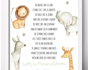 Personalised Godson Baptism Print, Jungle Animals Nursery Poem - Godchild Christening Keepsake Poem Print