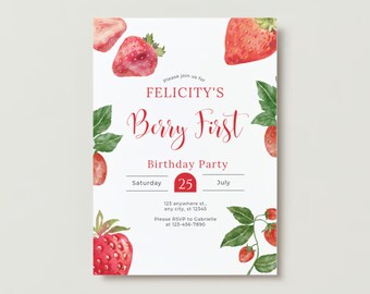 strawberry first birthday invitation customizable template