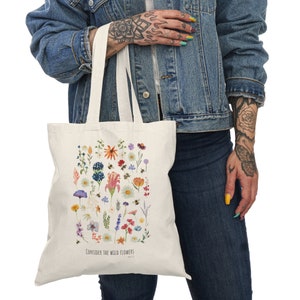 Considera i fiori selvatici / Borsa in tela / Borsa floreale / Borsa con fiori selvatici / Luca 12:27 / Borsa con versetto della Bibbia / Borsa in tela naturale