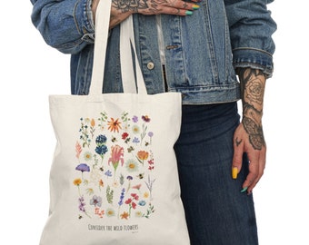 Consider the wild flowers | Canvas Tote Bag | floral bag | wild flower tote | Luke 12:27 | bible verse bag | Natural Tote Bag